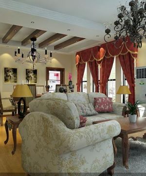  房屋客厅酒红色窗帘设计效果图