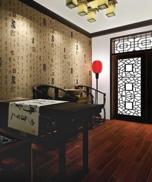 中式书房深棕色木地板效果图片