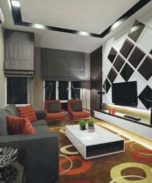 现代家装客厅黑白菱形玻璃电视背景墙设计图片
