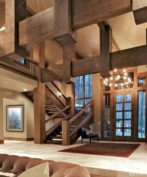 现代美式混搭风格实木楼梯扶手设计效果图欣赏