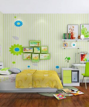 现代简约风格儿童房绿色条纹墙纸设计效果图