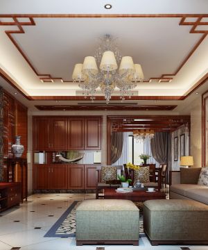 2023中式风格设计豪华客厅木质吊顶艺术灯具图