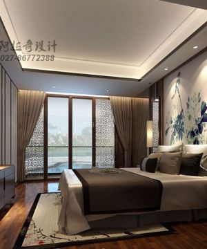 新中式风格主卧室双人床背景墙壁纸图