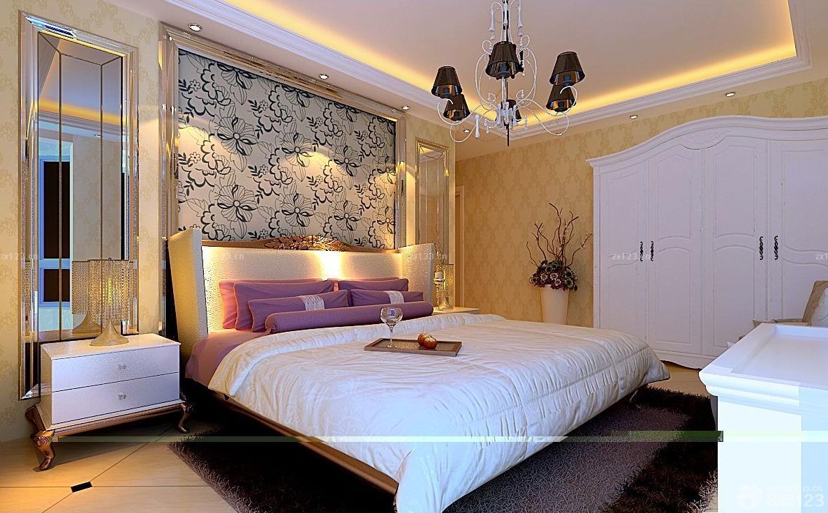 卧室颜色搭配床头背景墙花纹壁纸效果图片