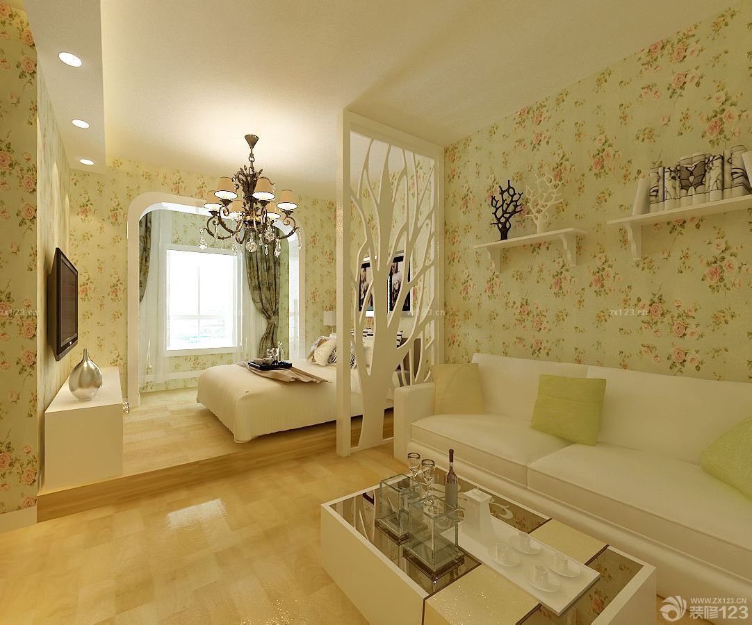 经典田园风格小户型客厅卧室一体装修效果图
