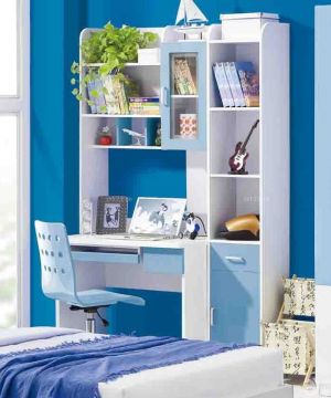 蓝色系男儿童书桌书柜组合装修设计图片大全
