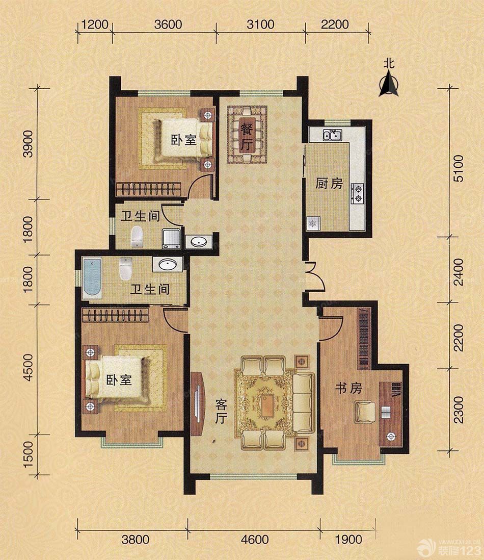 2023欧式风格二室二厅二卫户型图