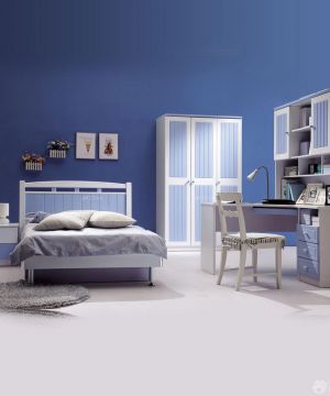最新现代风格卧室深蓝色墙面转角书柜装修效果图