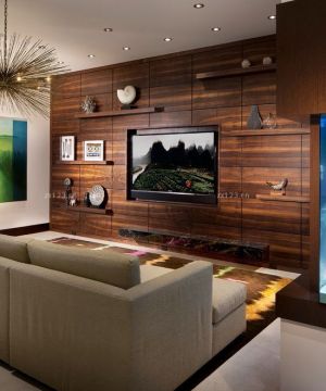 美式样板房客厅电视木质背景墙装修效果图片