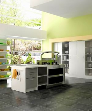 2023田园风格厨房整体橱柜地面瓷砖效果图片