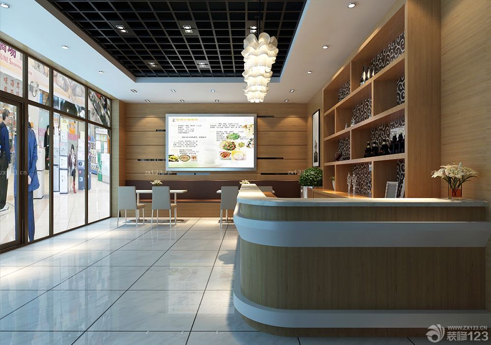 2023最新快餐店镂空吊顶装修布局效果图片大全