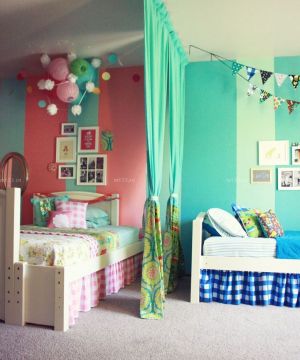 最新美式风格儿童房样板间青色窗帘装饰实景图大全