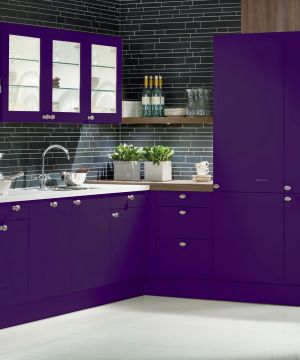 2023美式风格开放式厨房橱柜紫色门装修案例