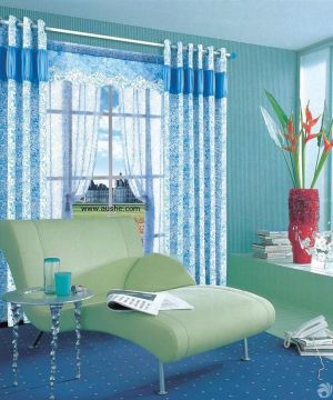 地中海风格客厅飘窗青色窗帘设计图