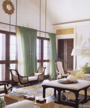 个性韩式田园风格客厅绿色窗帘装修实景图欣赏