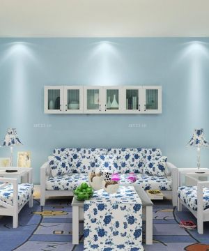 清新韩式田园风格客厅淡蓝色墙面装修效果图片