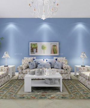 精美韩式田园风格客厅蓝色窗帘装修效果图欣赏