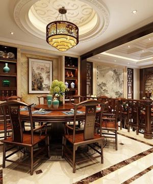 中式餐厅木质圆餐桌设计效果图片
