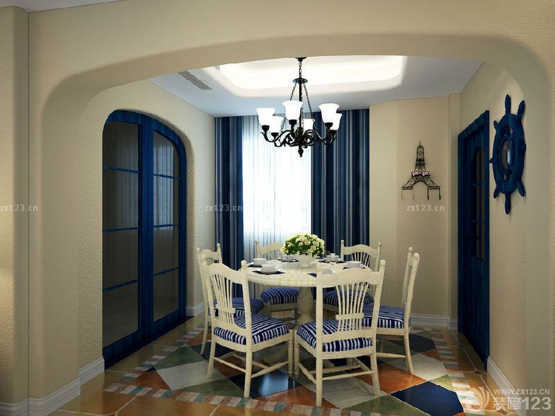 最新地中海餐厅条纹窗帘装修效果图片