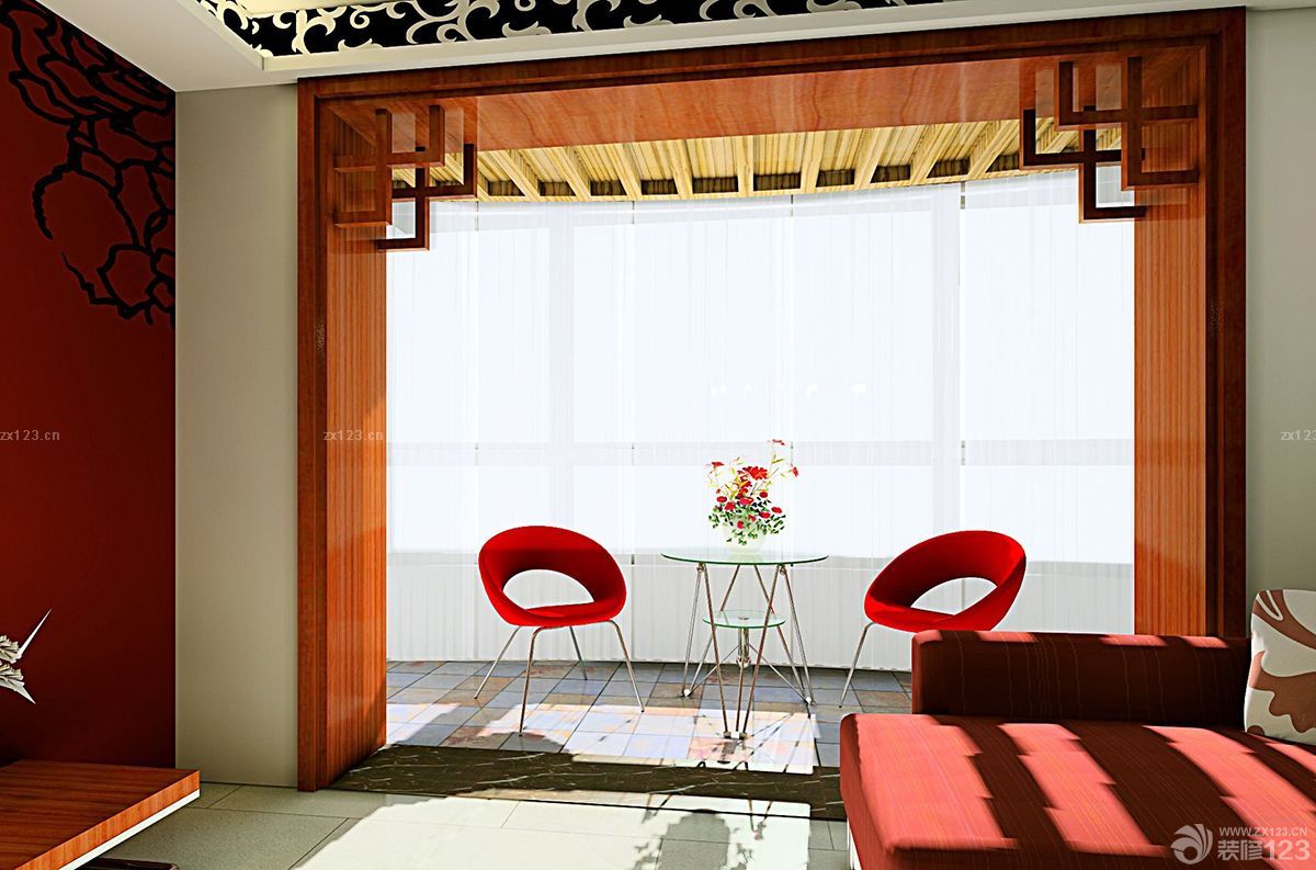 中式风格60小户型客厅带阳台装修效果图片