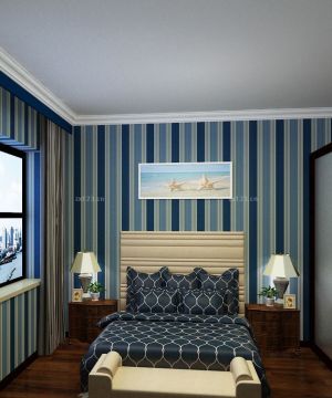最新90平地中海风格家庭卧室条纹壁纸装修效果图片