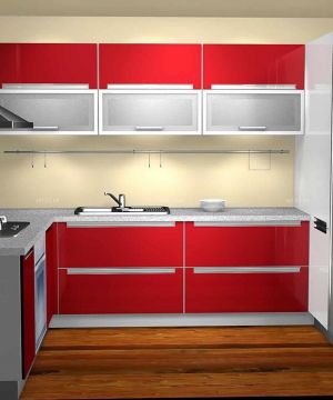 70平米小户型厨房红色整体橱柜装修图片