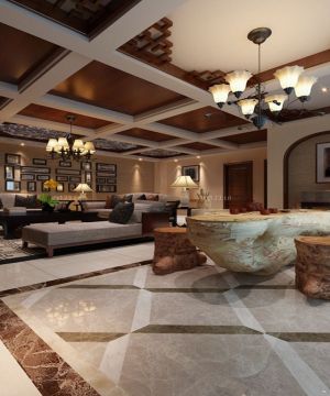 2023东南亚风格客厅根雕茶桌装修效果图片大全