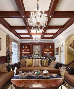 古典欧式别墅客厅木质吊顶装修效果图欣赏