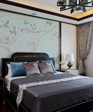 最新现代中式卧室床头背景墙装修效果图片