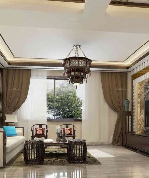 中式新古典别墅家庭客厅最新装修效果图片
