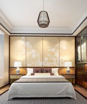 中式联排别墅卧室床头背景墙装修效果图欣赏
