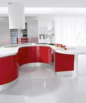 现代敞开式厨房红色橱柜装修效果图片2023款