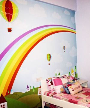 简单儿童房床头背景墙绘装修效果图片