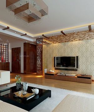 现代中式家装客厅壁纸电视背景墙