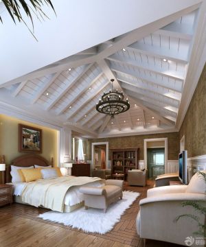 美式豪华别墅斜顶卧室吊顶造型装修效果图片