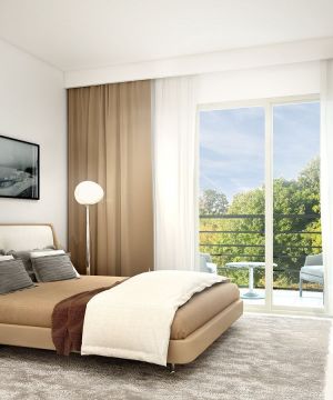 现代卧室装修效果图大全2023图片 卡其色窗帘装修效果图片