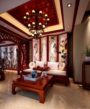 中式客厅木质吊顶装修效果图片