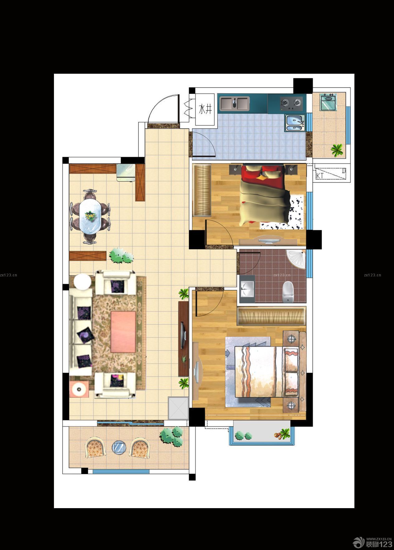 80平米小户型两室两厅一卫平面图_设计4装修效果图