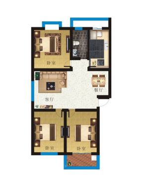 80平米小户型三室两厅一卫平面图