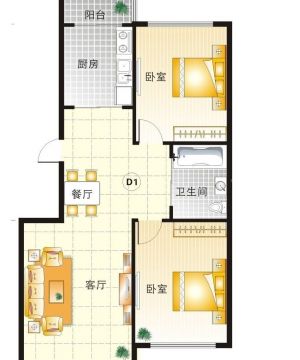 60平米小户型两室两厅一卫装修设计平面图