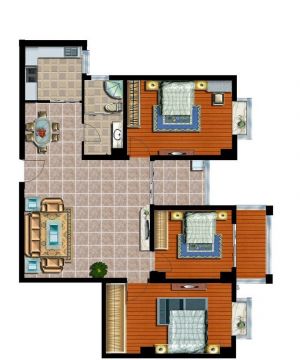 美式60平米小户型三室两厅设计平面图