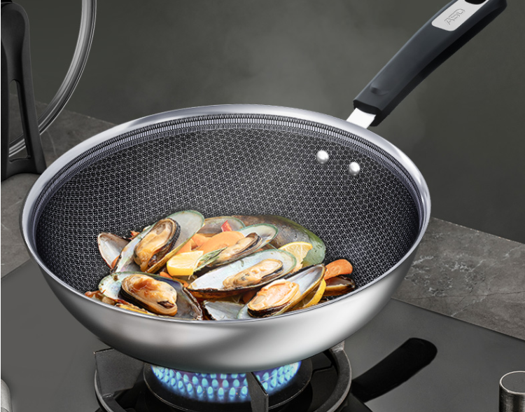 爱仕达ASD炒锅不粘锅304不锈钢蜂窝平底炒菜锅