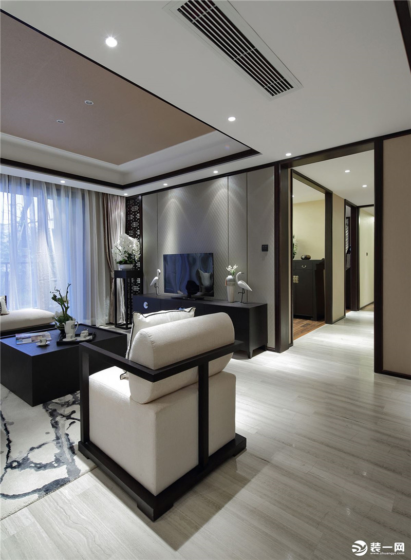 重庆唐卡装修公司95后新中式装修效果图三室两厅客厅