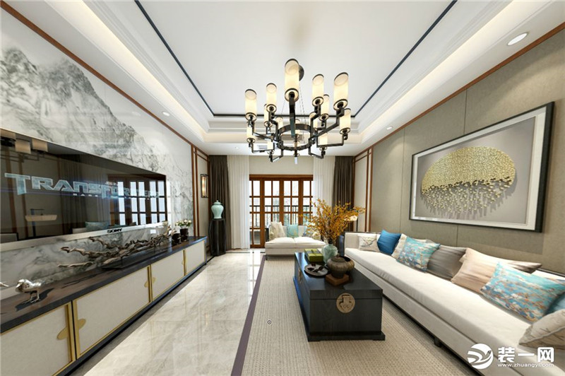 129平米三室两厅两卫装修效果图新中式风格客厅