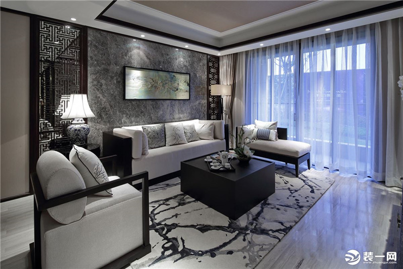 重庆唐卡装修公司95后新中式装修效果图三室两厅客厅