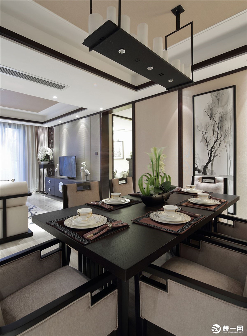 重庆唐卡装修公司95后新中式装修效果图三室两厅餐厅