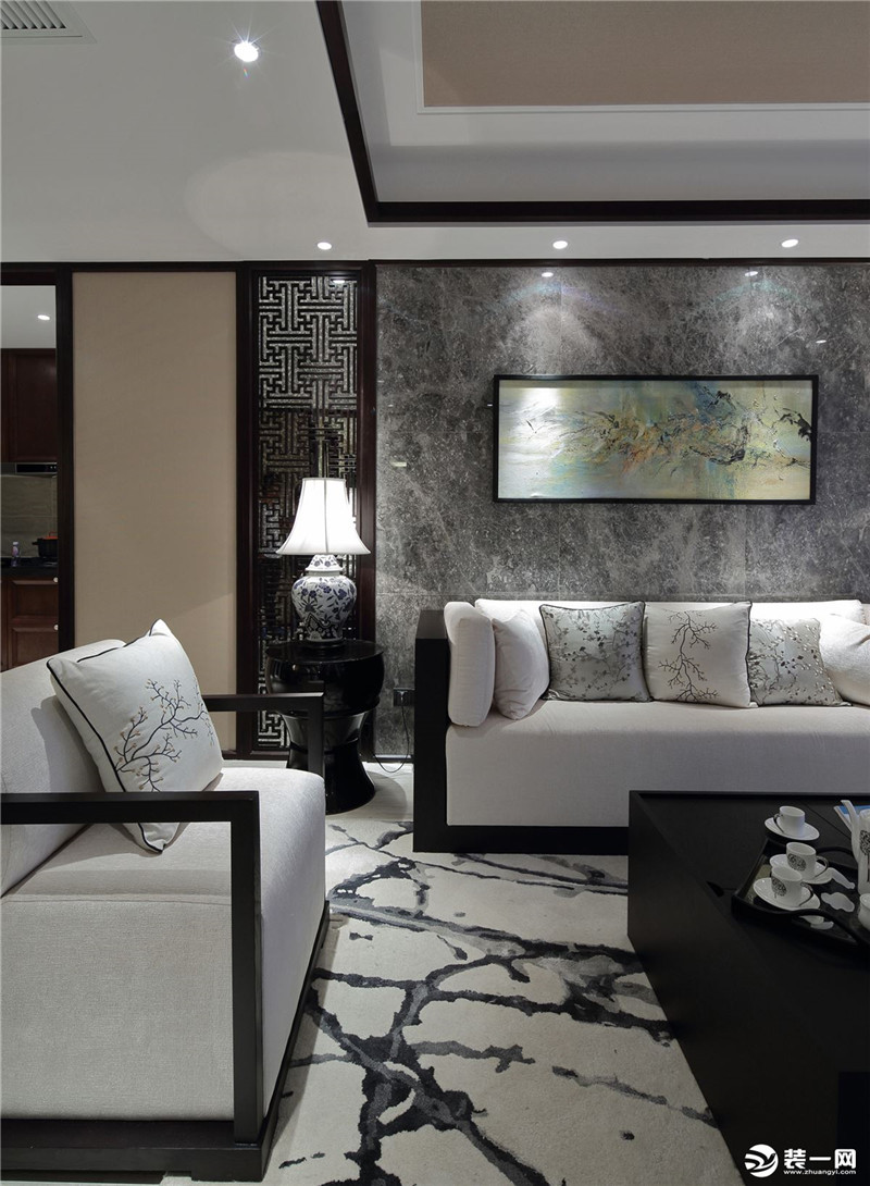 重庆唐卡装修公司95后新中式装修效果图三室两厅客厅