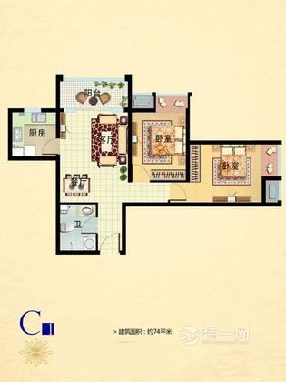 74平米北欧风格两居室装修效果图