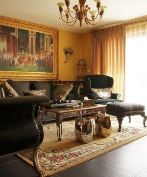 美式新古典风格客厅黄色窗帘图片大全