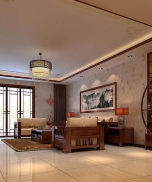 2023中式客厅实木博古架样板间装修设计图片